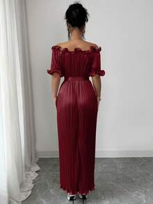 Modelyn Gaun Lengan Pendek Warna Champagne dengan Hiasan Rumbai di Bahu, Elegan untuk Wanita - Burgundy - View 2