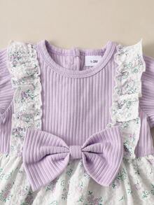 SHEIN Summer Newborn Baby Girl Blue White Floral Dress And Headband,Cute Baby Shower Christening Outfit,Short Sleeved Patchwork Bubble Photoshoot Outfit - Purple - View 5
