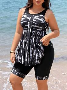 SHEIN Swim Lushore Bộ đồ bơi hai mảnh Tankini cỡ lớn dành cho nữ năm 2026, bikini hở lưng kèm váy, màu đen trơn phối họa tiết in kỹ thuật số, thích hợp cho bãi biển, tiệc tùng, kỳ nghỉ. - màu đen - Xem 1