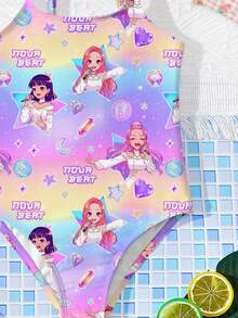 K-Pop Superstars Cartoon Girl Group Gradient Print One-Piece Swimsuit, Suitable For Summer - Multicolor - View 3