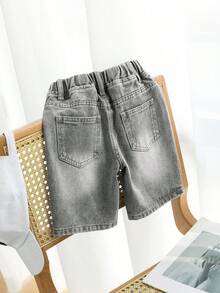 Young Boys Loose Fit Light Blue Denim Shorts,Summer Casual Elastic Waist Shorts,Fashionable Cartoon Pattern Design,Versatile For School & Outdoors - Grey - View 3