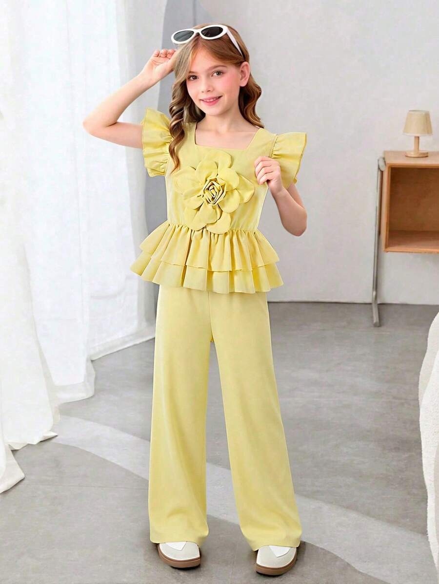 Bộ đồ đôi cho bé gái tuổi teen, màu trơn, cổ vuông, tay ngắn, bèo nhún, họa tiết hoa, thích hợp cho mùa hè. - Màu vàng - Xem 1