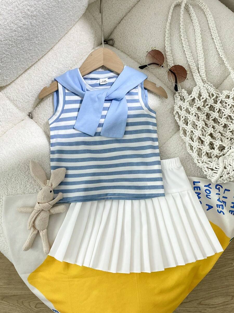 Playful Pals 3pcs/Set Baby Girls' Casual Striped Sleeveless Top And White Pleated Skirt Outfit, Comfortable Versatile For Spring/Summer, Suitable For Outings, Daily Wear, School, Vacation, Sports - Blue - View 1