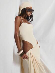 MUSERA Thin Strap Square Neck High Leg Fitted Bodysuit Coord Top Only Cute Holiday Sexy Night Out Vacation Spring Summer Elegant Soleil Drape - Apricot - View 5