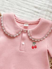 SHEIN 女婴彼得潘领短袖半开襟休闲Polo衫，春夏款 - 紅色 - 查看 5