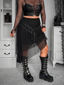 Whyspr Plus Size Punk Eyelet Lace-Up Layered Skirt, Spring/Summer - Black - View 5