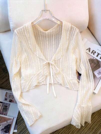 K-Vae Women's Summer New Lace Sunscreen Cover Up, Short Tie-Front Ruffle Flare Sleeve Sheer Cover Up Thin Jacket