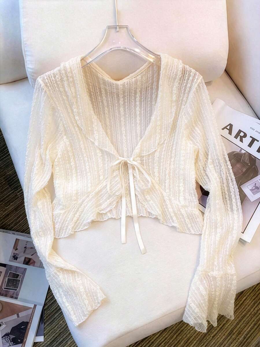 K-Vae Women's Summer New Lace Sunscreen Cover Up, Short Tie-Front Ruffle Flare Sleeve Sheer Cover Up Thin Jacket - Apricot - View 1