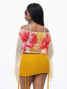 Coolane Women's Summer Party Tropical Vacation Vacation Outfits Beach Outfits Going Out Chic Off Shoulder Split Long Sleeve Flower Graphics T-Shirt - Multicolor - View 2