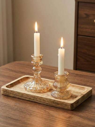 Cirelle 琥珀色玻璃竖条纹烛台 - 圆锥形和圆柱形套装，适用于餐桌、复古家居装饰和婚礼中心摆件