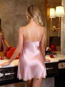SilkySpell Sexy Contrast Color Lace V-Neck Open Nightgown For Women, Valentine's Day - Baby Pink - View 2