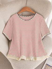 SHEIN Cosyjoi Plus Size Women Summer Casual Striped Loose Fit Round Neck T-Shirt - Pink - View 5