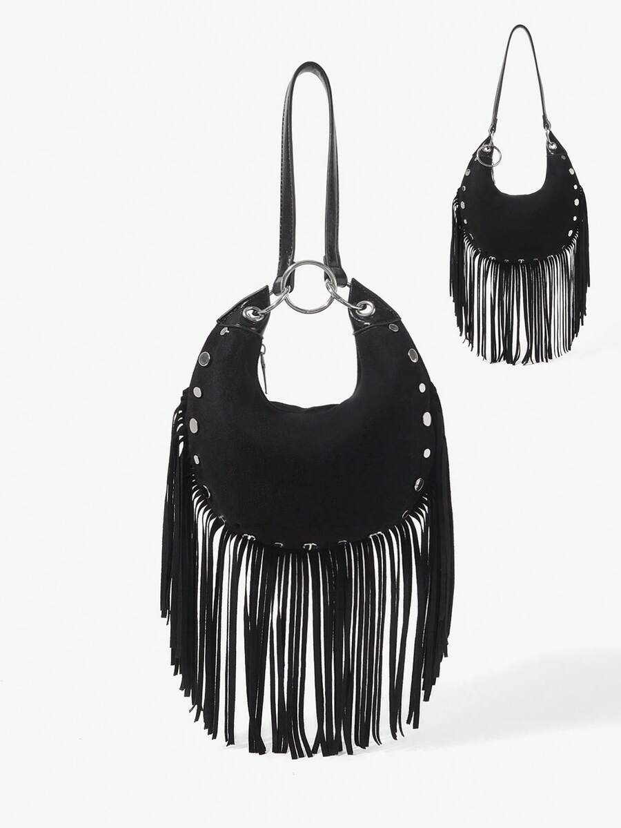 Maija 女士单肩包、流浪包、手提包、流苏包、复古包、铆钉包、经典包、时尚包、优雅包、简约包、个性化包、百搭包、经典包，适合通勤、办公、约会、日常、购物、下午茶等场合。 - 黑色 - 查看 1