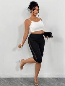 SHEIN Quần legging nữ cỡ lớn, kiểu dáng thường ngày, màu đen, viền ren, thích hợp cho mùa xuân sớm. - màu đen - Xem 3