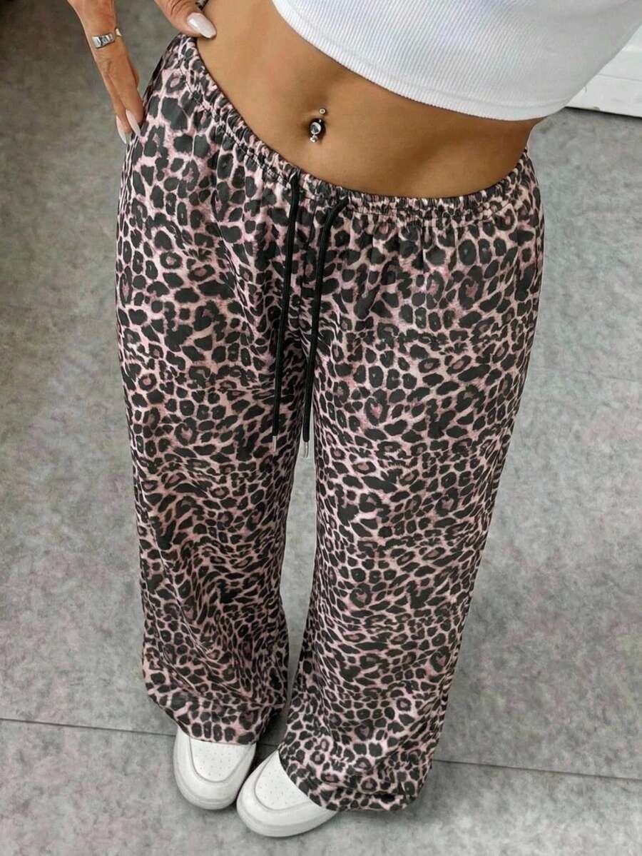 SHEIN EZwear 女士豹纹抽绳腰宽松运动裤 - 彩色 - 查看 1