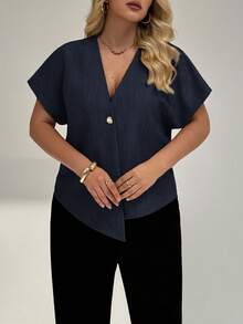 Auralis Chemise polyvalente pour le port quotidien, col V, grande taille pour femmes - Bleu marine - Voir 5