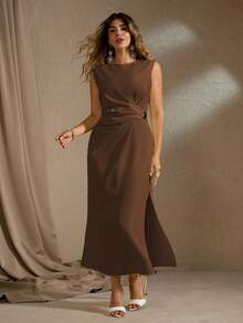 Roveilla Zanzea  Summer Plus Size Chocolate Brown Autumn Elegant Dinner Maxi Dress,Round Neck Waist Gathered Metal Decor Side Slit Sleeveless Office Midi Dress - Brown - View 5