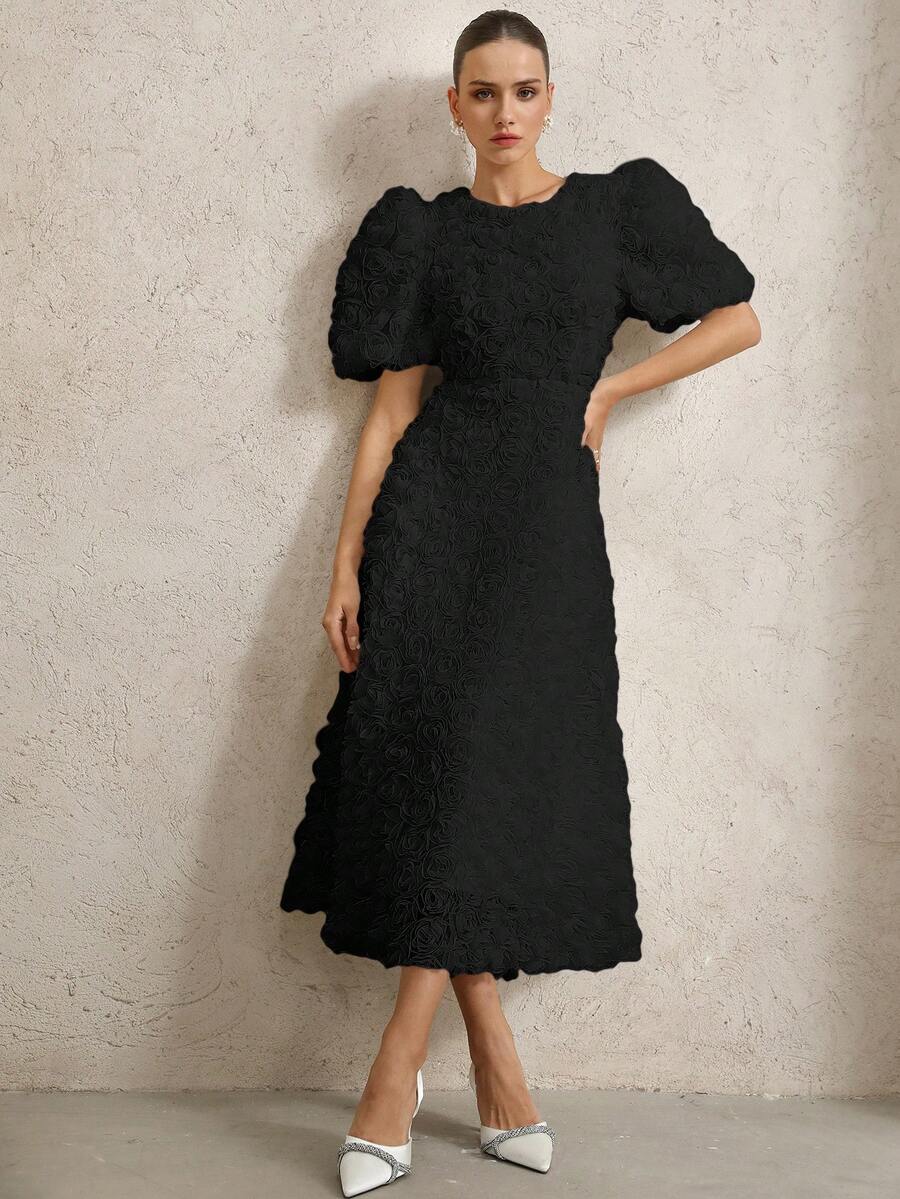 BELROSIE French Romantic Rose 3D Decor V-Neck Petal Sleeve Cinched Waist Dress For Women - Black - View 1