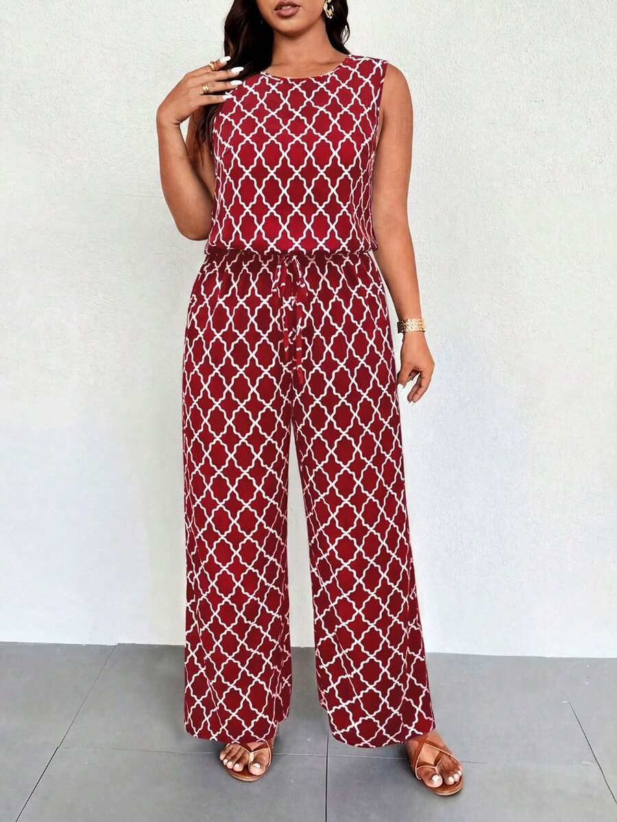 EMERY ROSE Plus Size Geometric Print Sleeveless Elastic Waist Casual Jumpsuit - Red - View 1