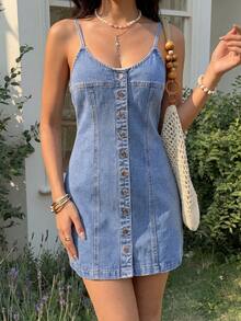 Sunnyshic 女士夏季水洗前扣牛仔吊带裙 - 淺色水洗藍 - 查看 7