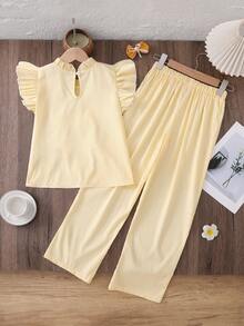 2pcs Tween Girls 3D Decor Cap Sleeve Top And Pants Set - Yellow - View 2