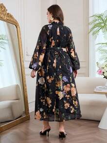 Modelyn Floral Print Stand Collar Long Sleeve Loose Regular Dress, Plus Size, Spring/Autumn - Multicolor - View 2