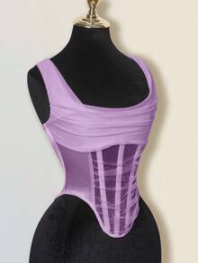 SHEIN ICON Mesh Plunging Neck Fishbone Bustier Camisole - Purple - View 8