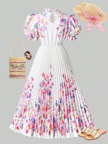 SHEIN Đầm maxi in hoa dáng xòe cho bé gái tuổi teen, tay phồng và cổ bẻ, thích hợp mặc thường ngày, đi nghỉ mát và mùa xuân/hè. Đầm maxi họa tiết bướm cho nữ, đầm xuân, đầm xếp ly, đầm in hoa, đầm hoa trắng thanh lịch, đầm maxi in hoa, đầm hè xếp ly, đầm thường ngày cho nữ. - Nhiều màu - Xem 2