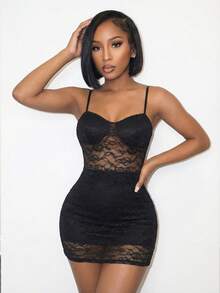 BamGleam 女士时尚性感蕾丝吊带紧身迷你连衣裙 - 黑色 - 查看 9