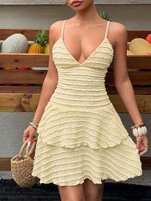 Sunnyshic 女士黄色提花深V吊带层叠下摆迷你度假连衣裙 - 黃色 - 查看 3