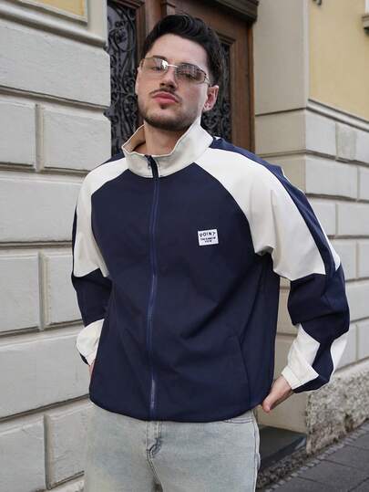 LEOGASHI LEOGASHI Chaqueta de cuello alto de manga larga con bloques de color retro para hombre, ropa de abrigo casual de estilo universitario, esencial minimalista, otoño