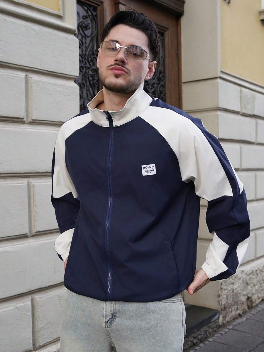 LEOGASHI LEOGASHI Chaqueta de cuello alto de manga larga con bloques de color retro para hombre, ropa de abrigo casual de estilo universitario, esencial minimalista, otoño - Azul - Ver 1