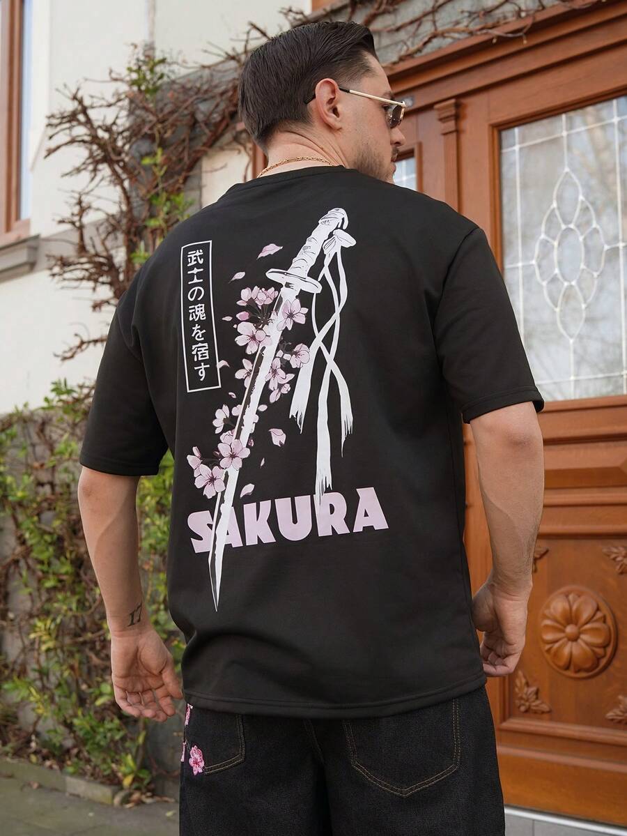 LEOGASHI LEOGASHI Áo thun nam dáng rộng thoải mái, cổ tròn, chất liệu polyester, in hình kiếm samurai và hoa anh đào, màu đen.