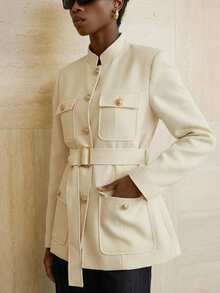 Aveloria Modichic Jaqueta Utilitária com Colarinho Reto, Tweed Grosso, Botão Metálico Único e Cinto - Damasco - Visão 6