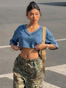 Muchica Áo thun croptop dệt kim màu xanh dương dành cho nữ - Màu xanh lam - Xem 6