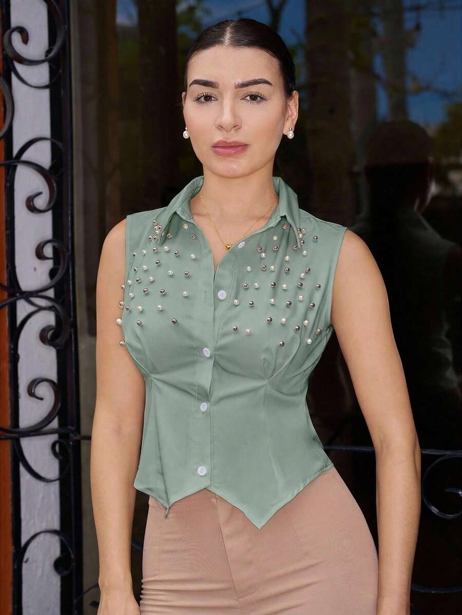 Andrea Bello 女式纯色前扣无袖串珠饰边收腰衬衫 - 綠色 - 查看 1
