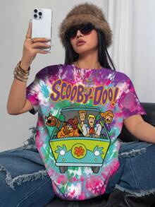 SCOOBY-DOO X SHEIN Camiseta de manga corta con cuello redondo y estampado de dibujos animados para mujer de talla grande - DOOX - Blanco - Ver 6