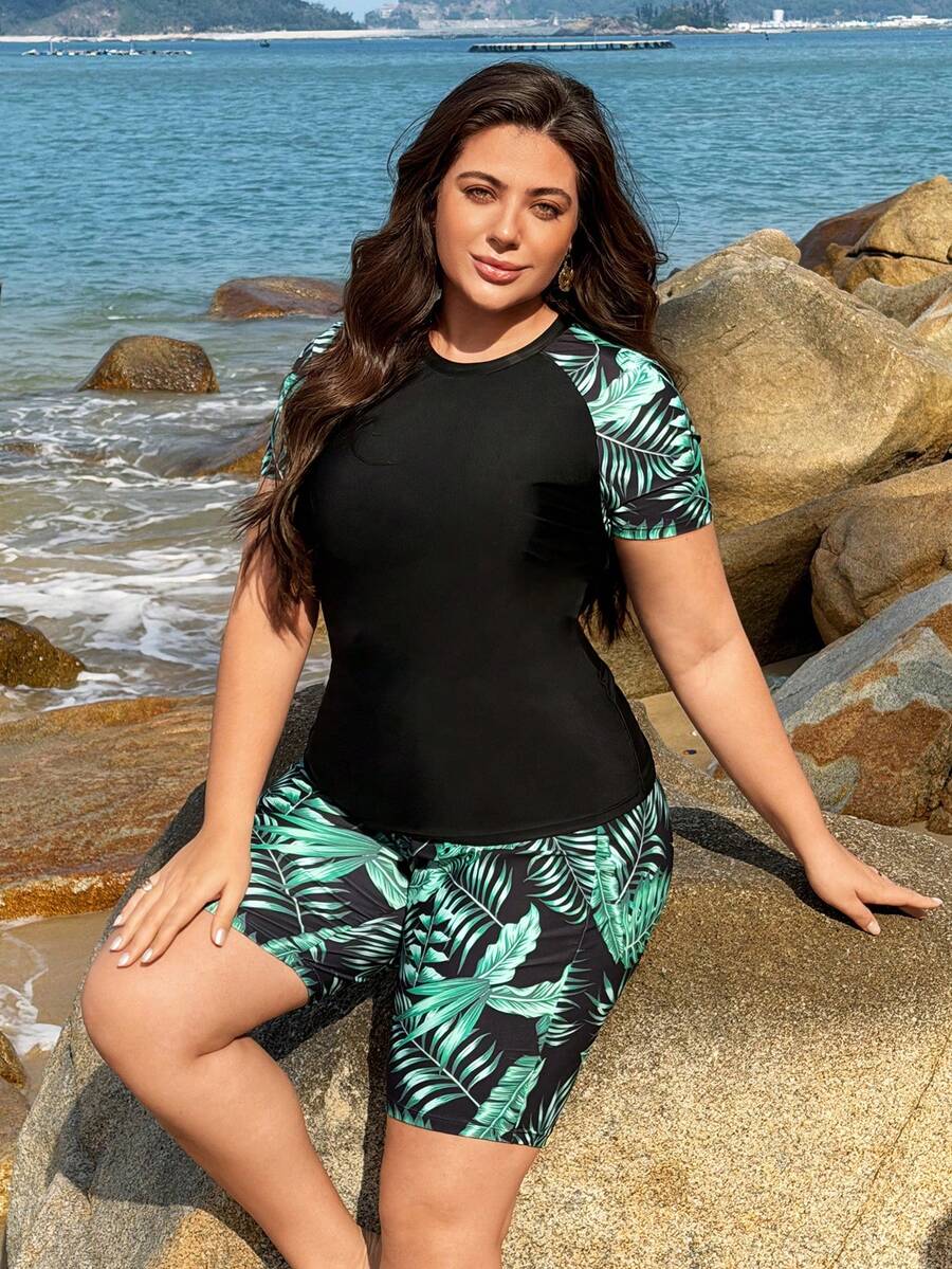 Swim Lushoire 2026 New Tropical Green Plant Print Plus Size Backless Bikini Top For Beach Vacation - Multicolor - View 1