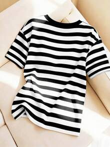 de corte holgado y estilizador, top casual con estilo clásico de contraste de rayas off-shoulder, camiseta de cuello redondo de manga corta y ligera para el verano, versátil para uso diario - Negro - Ver 7