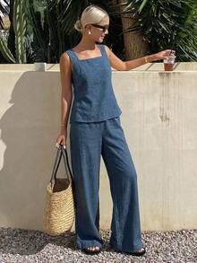 DAZY 女士纯色上衣和阔腿裤休闲两件套 - 藍色 - 查看 6