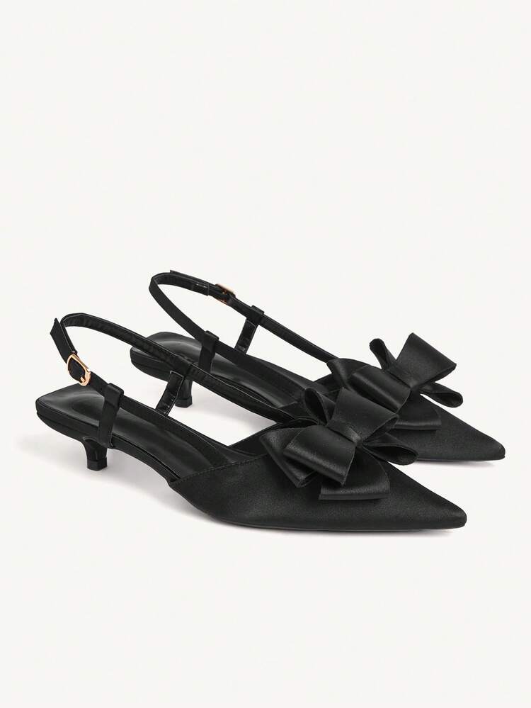 CUCCOO CHICEST Black Satin Kitten With Bow Slingback Pointed Banquet Dress Shoes
