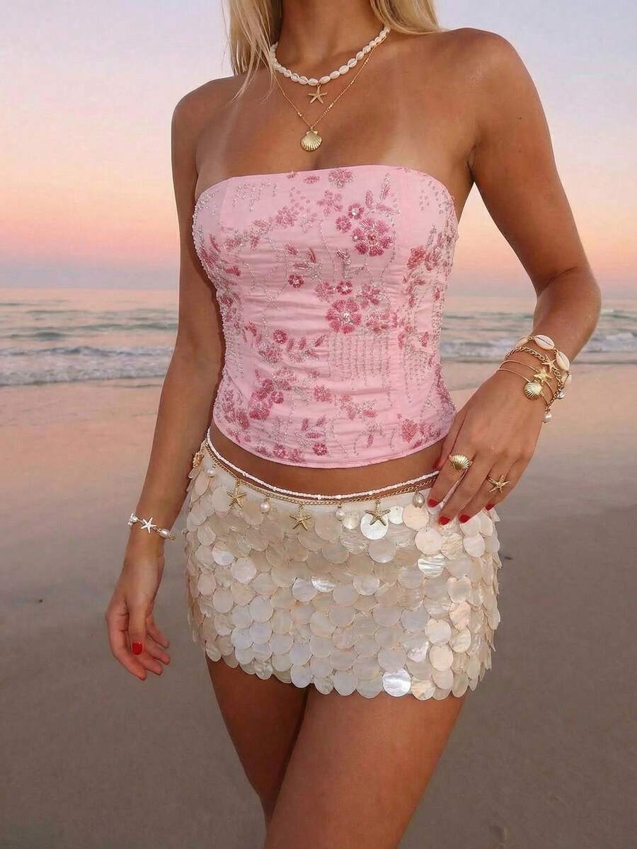 SHEIN 女士度假风印花修身露脐抹胸上衣 - 粉色 - 查看 1