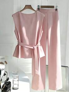 Franclia 新款女士休闲复古束腰两件套 - 粉色 - 查看 2