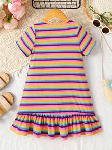 SHEIN Young Girl's Casual Knit Colorful Striped Crew Neck Dress, Summer - Multicolor - View 2