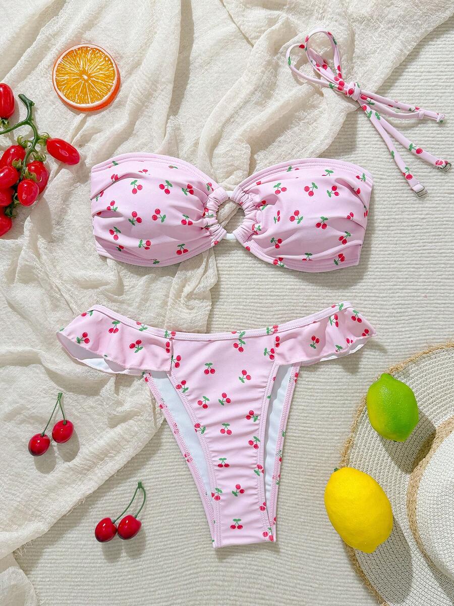 Swim Mod Bộ bikini nữ mùa hè 2026 mới, kiểu cổ yếm họa tiết hoa anh đào xếp nếp, gợi cảm cho kỳ nghỉ biển. - Hồng - Xem 1