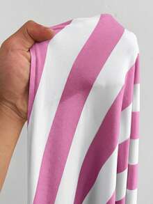 Maweii Plus Size Summer Casual Striped Deep V-Neck Split Dress - Pink - View 3