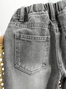 Young Boys Loose Fit Light Blue Denim Shorts,Summer Casual Elastic Waist Shorts,Fashionable Cartoon Pattern Design,Versatile For School & Outdoors - Grey - View 8