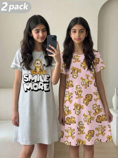 2 Pieces/Set Cute Tiger Cartoon Pattern For Girls Soft Knit Loose Pajama Dress And Shorts Set, Light Gray And Pink Spring And Summer Style Sweet Girly Style Cute And Comfortable 2026 New Style Resort Atmosphere Relaxed And Comfortable Girl Outfit Set Girls' Children's Clothing