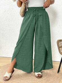 SHEIN Frenchy Plus Size Women Drawstring Waist Split Design Casual Versatile Daily Wear Pants - Green - View 6