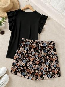 SHEIN LUNE 兩件套：大尺碼純色荷葉袖上衣與花卉印花短褲，休閒夏季女款兩件套 - 黑色 - 查看 2